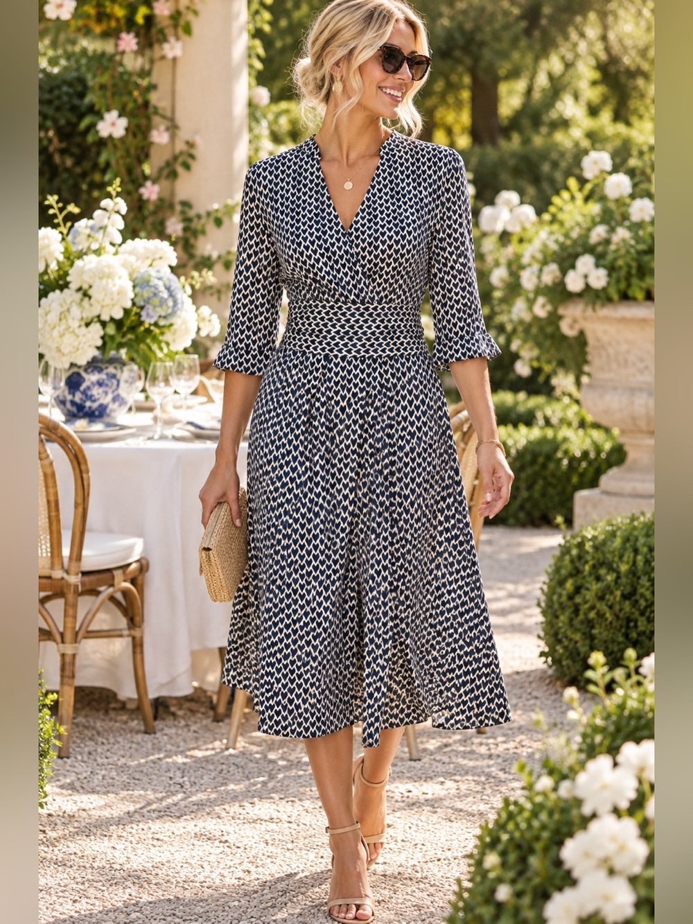 Gerard Darel Dress 12 L Silk Cotton Navy Geometric Wrap Midi French Designer